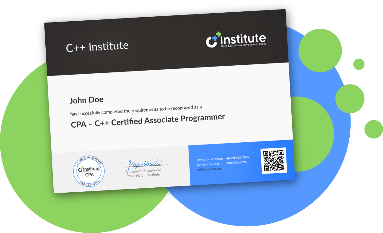 C++ Institute Certificate Example